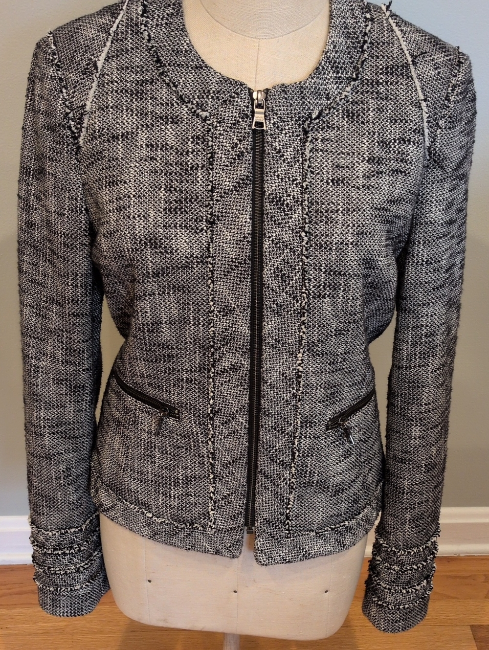 Banana Republic Italian Fabric Black & White Tweed Zip Jacket 10